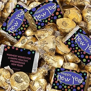 1.52lb Happy New Year Assorted Chocolate Candy Party Mix - Wrapped Chocolate Miniatures And Gold Foiled Milk Chocolate Almond Kisses - Polka Dot (124Pcs)