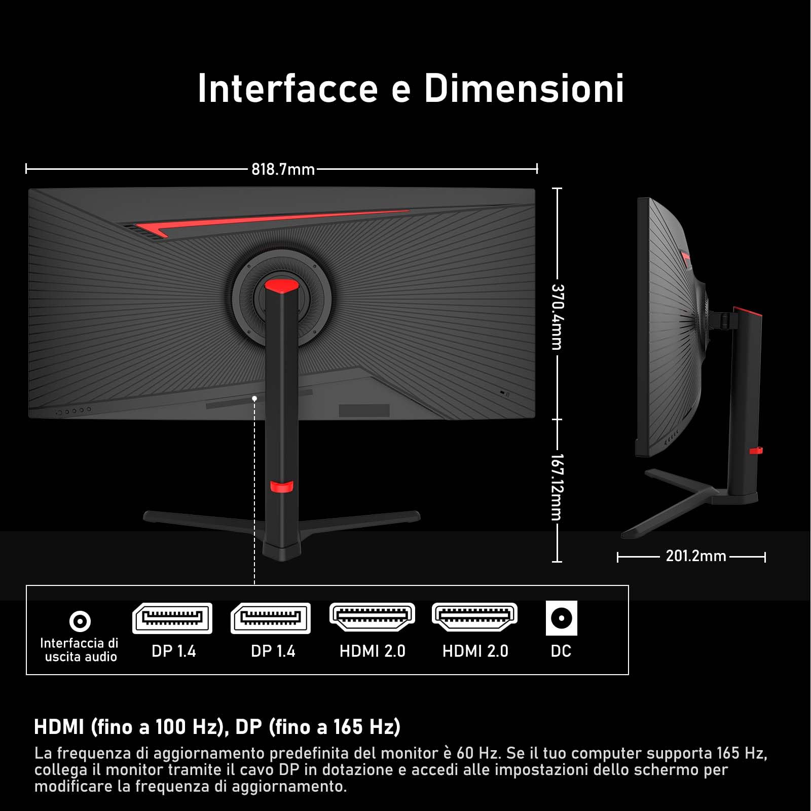 Gawfolk Monitor Gaming Curvo Ultrawide 34 Pollici 165Hz UWQHD 3440x1440 21:9 3800R 120% sRGB 1ms Adaptive Sync - Nero