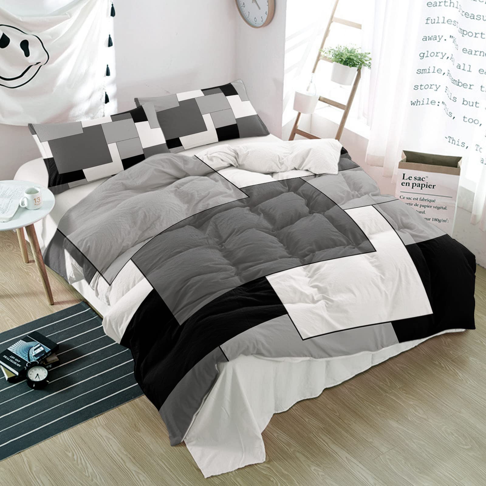 SSEVITEY 3 Pieces Duvet Cover Set,Black Gray White Squares Overlapping