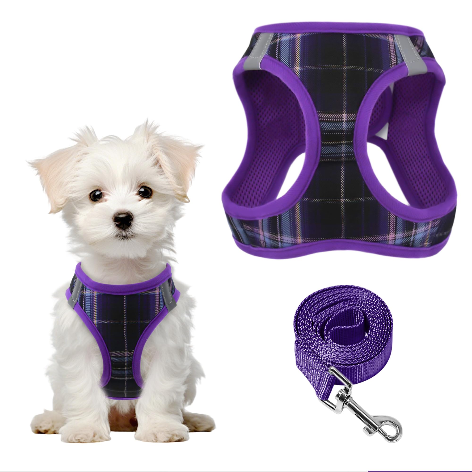 PawSailor Extra Small Dog Harness Step-in No Pull Soft Mesh Padded Adjustable Puppy Harness Lead Set Reflective Plaid Pattern with Safety Buckle, Easy Walk Pet Vest for Cats, Chihuahua, Purple XXS โ image 1