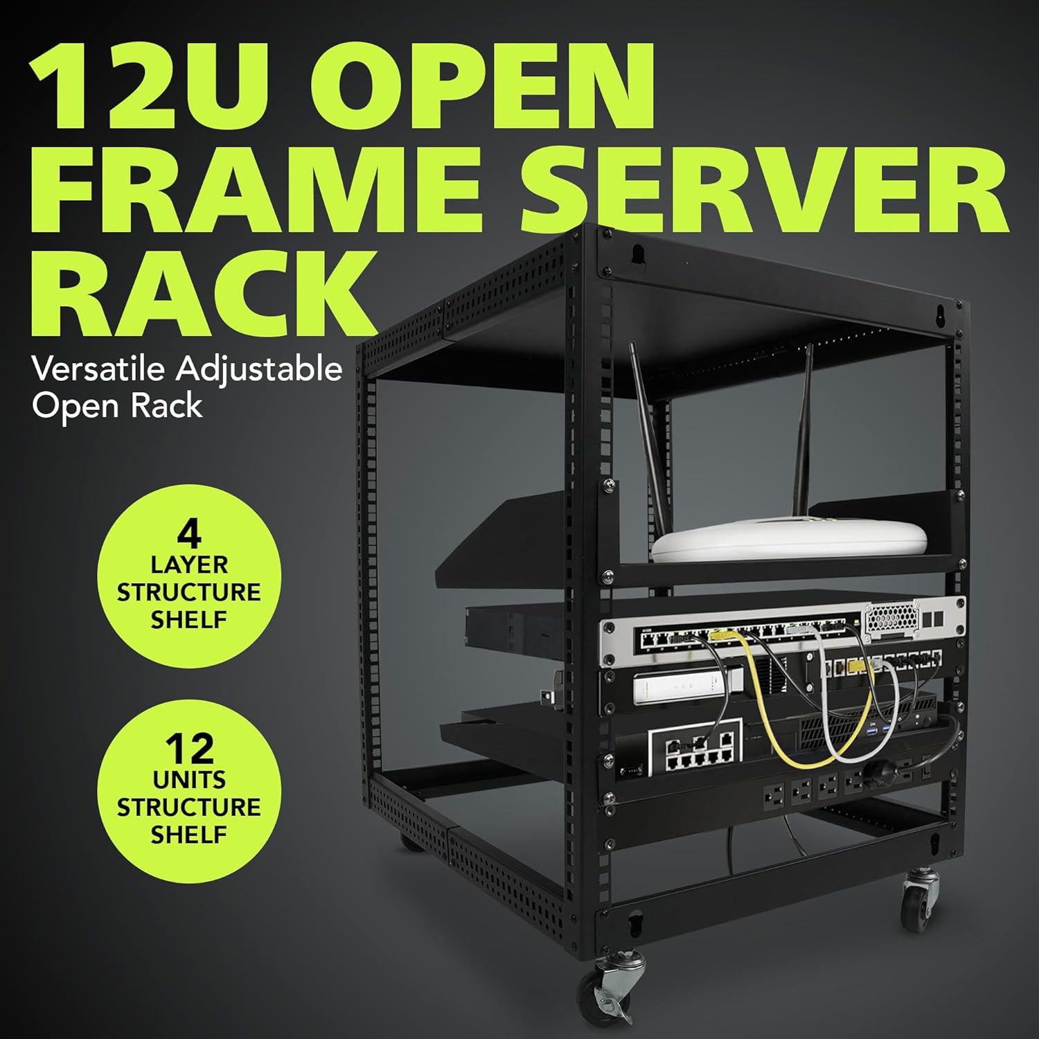 Pearington 12U Open Frame Server Rack, 23''-40'' Adjustable Depth, Free Standing or Wall Mount, 4 Post AV Rack with Casters, Holds Networking IT Equipment AV Gear Router Modem
