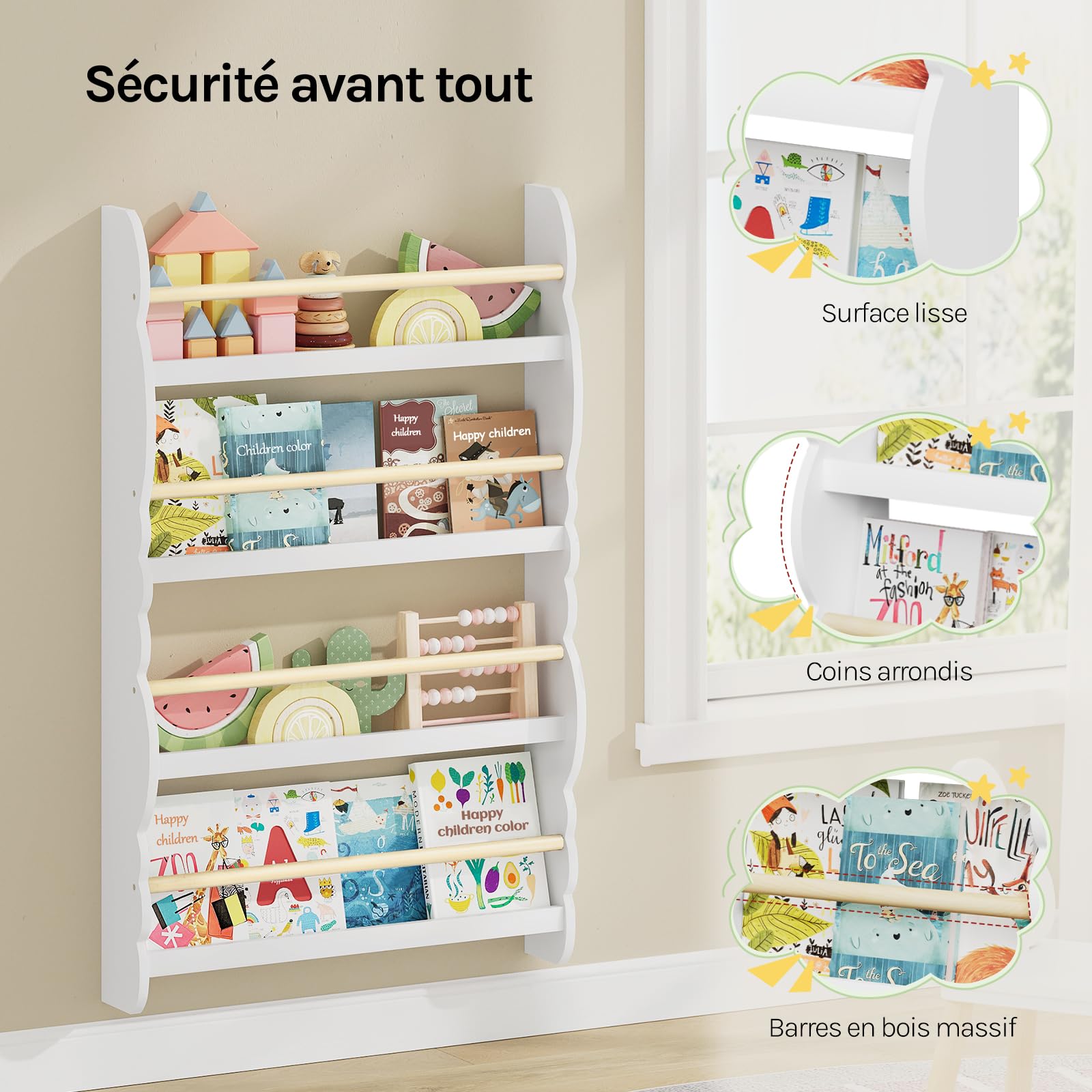 WOLTU Bibliothèque Murale, Étagère de Rangement pour Chambre d'enfants pour Ranger des Livres, 60x14,5x98 cm,Jouets en Bois MDF à 4 Niveaux, Blanc