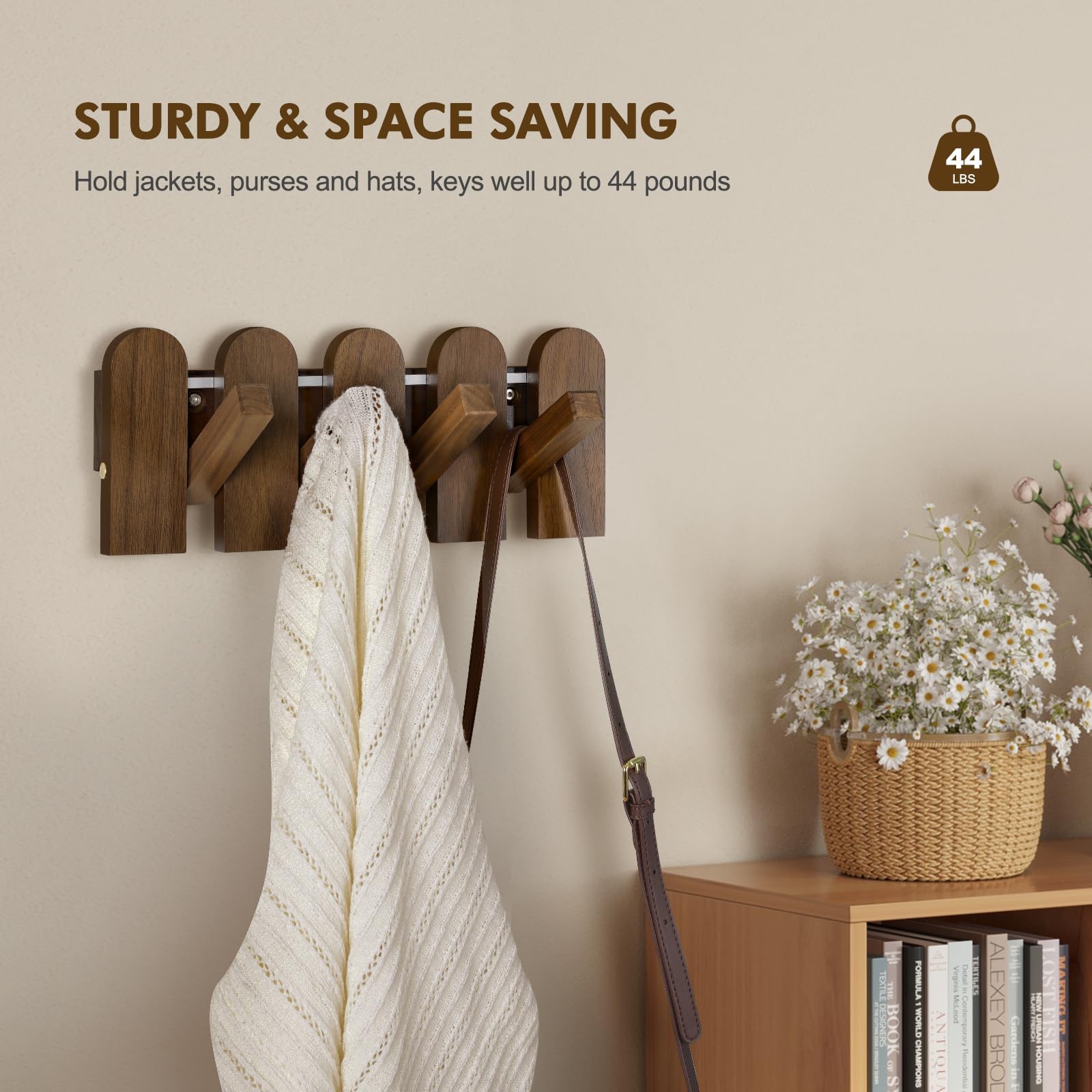 Jotsport Perchero de pared de madera de nogal con ganchos para colgar en la pared, para pasillo, baño, toallero de madera para decoración de pared
