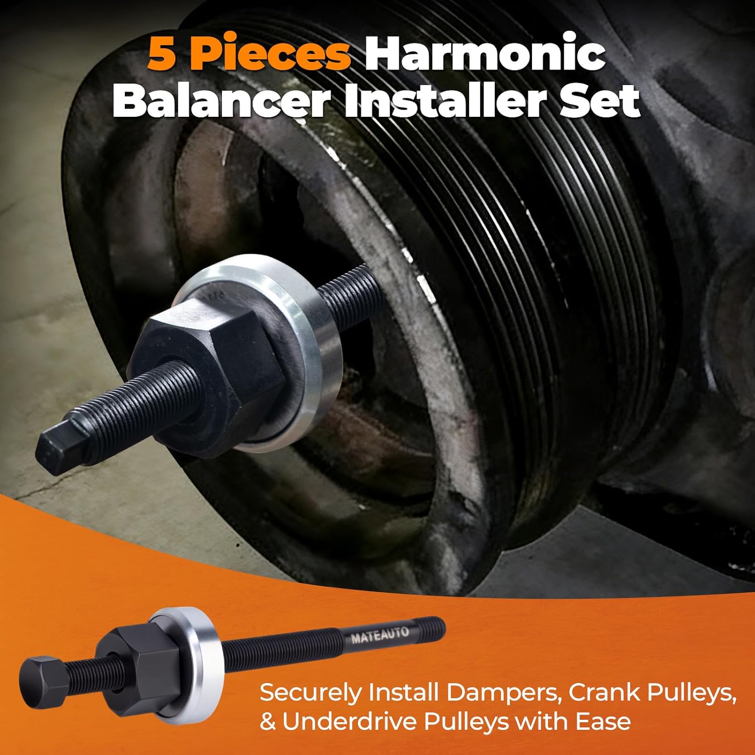 5Pcs Harmonic Balancer Installer Set, Long Reach Crank Pulley Underdrive Pulley Damper Installation Tool Kit with 4 Adapters, Nut Bearing, Washer Compatible with GM V8 and V6 Engines