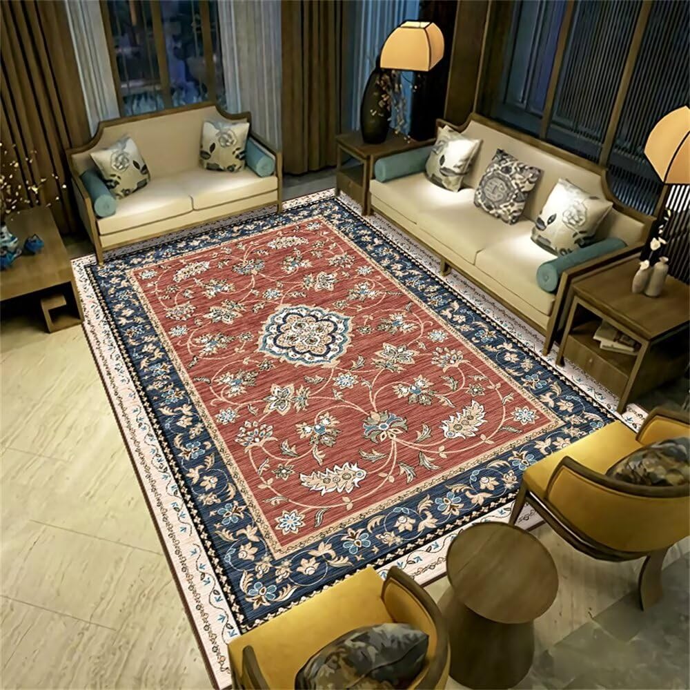 Tapis long bleu 100x160 cm antidérapant rétro pour salon