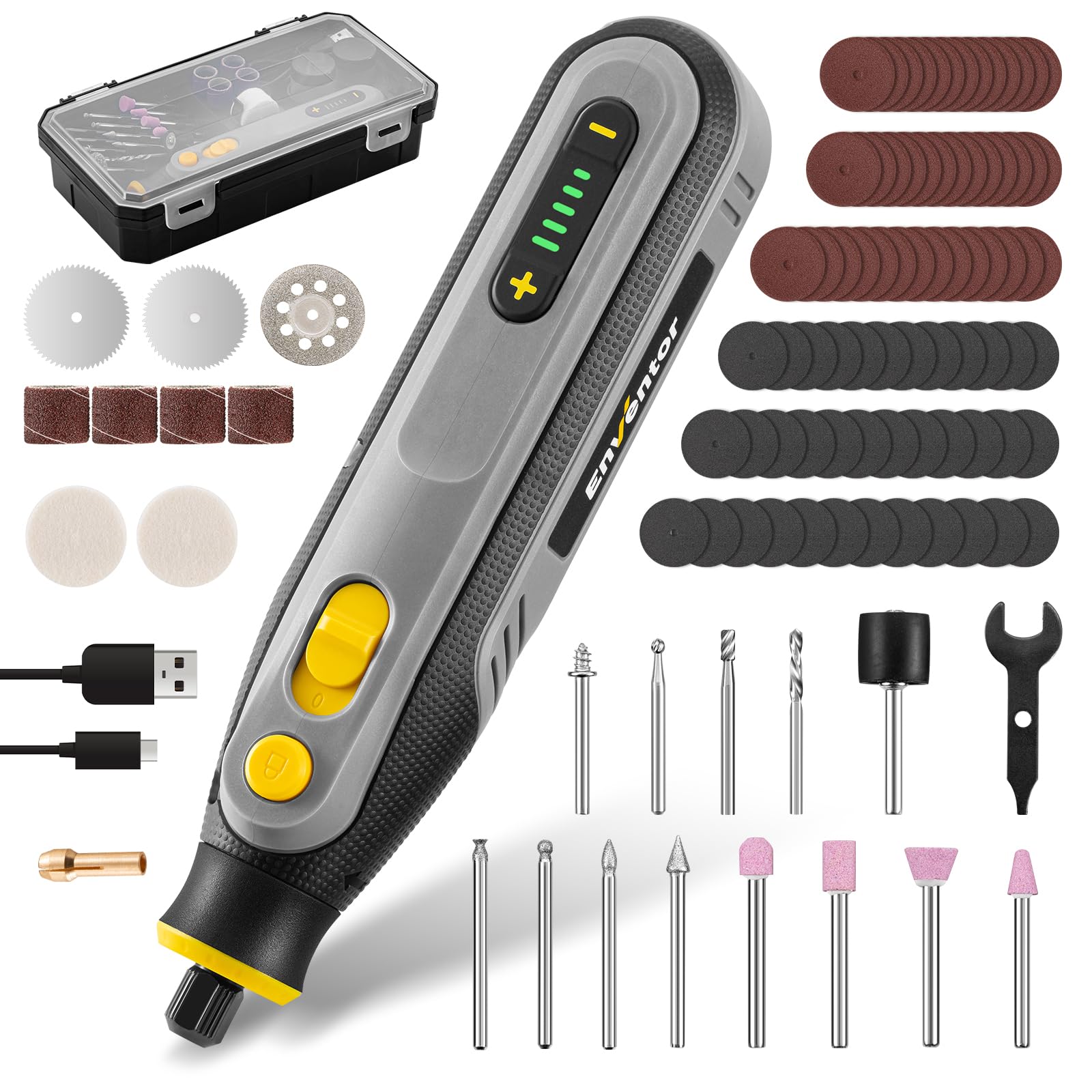 Enventor Mini Grinder Battery 4V with 104 Accessories, Mini Multifunction Rotary Tool with 5 Adjustable Speeds, 5000-25000RPM, USB Charging, for Recording, Grinding, Polishing, Drilling