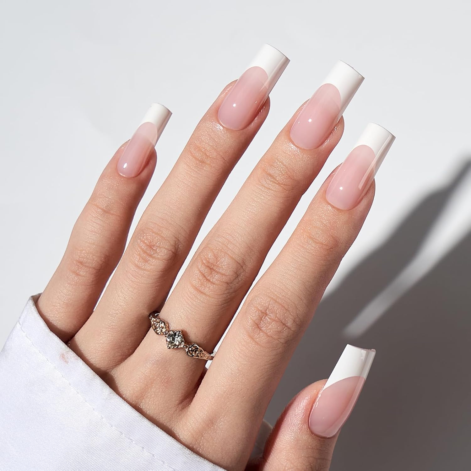 BTArtbox Press On Nails Long – French Tip Press On Nails Square, Fake Nail with Nail Glue, Natural Reusable Stick On Nails in 15 Sizes – 30 Fake Nails Kit