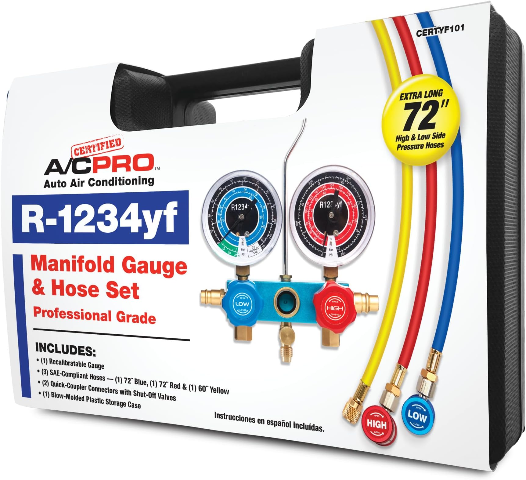 Certified A/C Pro Car Air Conditioner Refrigerant Gauge & Hose,Reusable AC Recharge Kit to Dispense R-12343YF to Compatible Vehicles,Includes Recalibrateable Low & High Pressure Gauges,InterDynamics