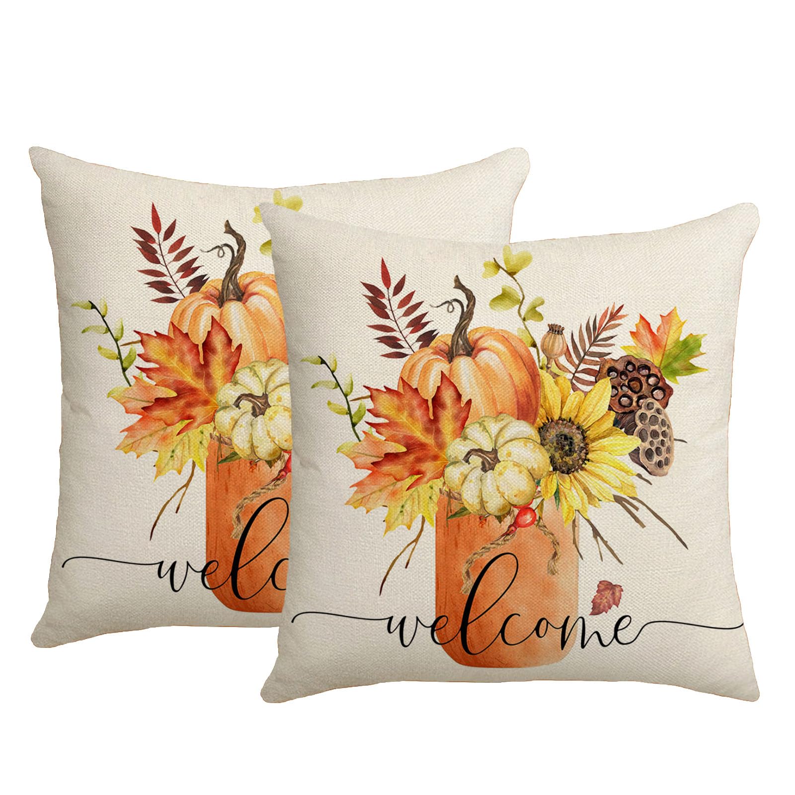 KLUSIET Fall Pillow Covers 18x18 Inch Set of 2, Pumpkin Floral Decorations Throw Pillow Covers, Throw Cushion Cover for Autumn Thanksgiving Farmhouse Sofa Decor(2pcs,D)
