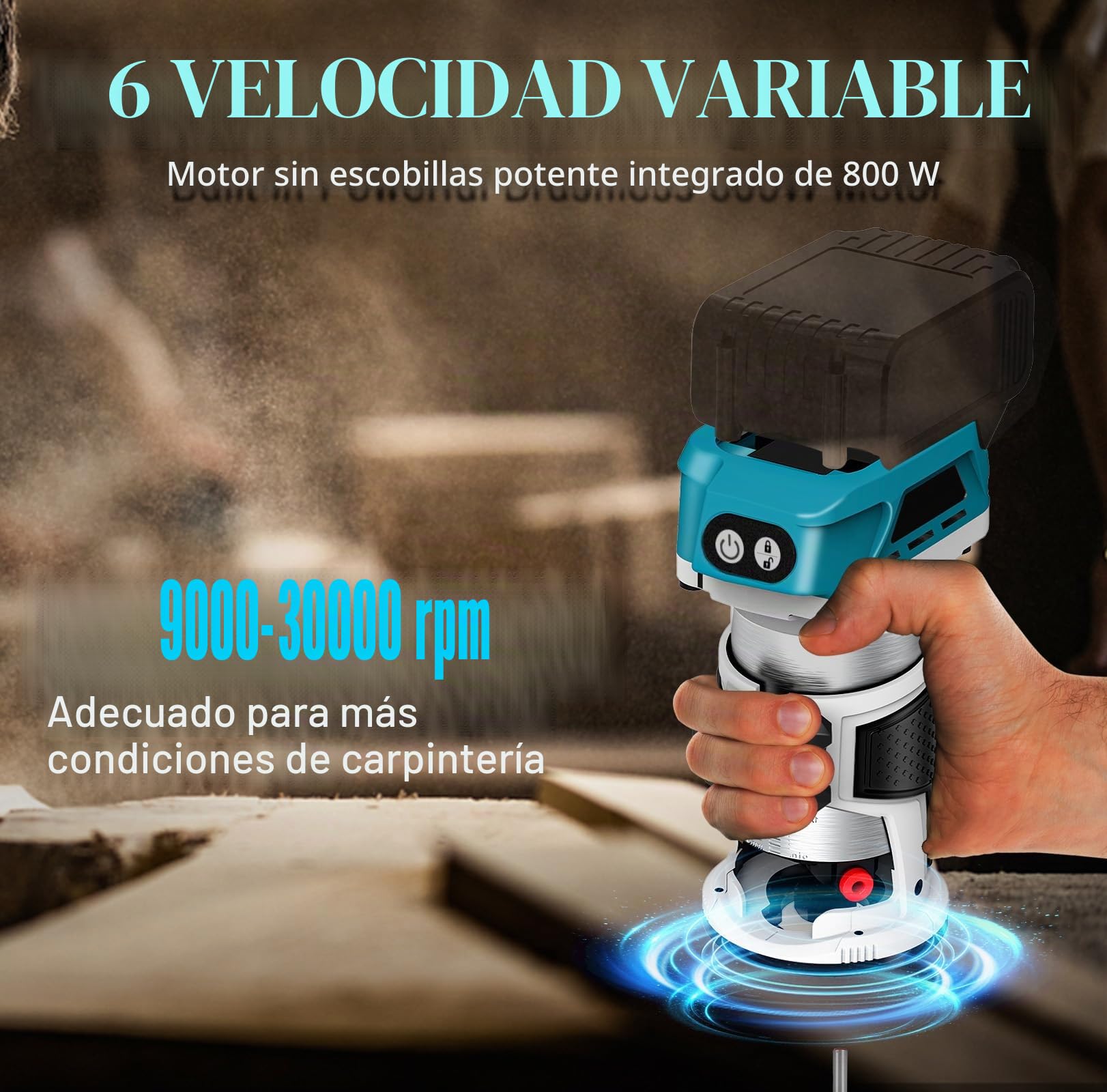 Router inalámbrico compatible con batería Makita 18 V (sin bateríe), recortadora de madera 800 W 6 velocidades, guía recta, rueda guía, 15 brocas fresado, conducto de polvo