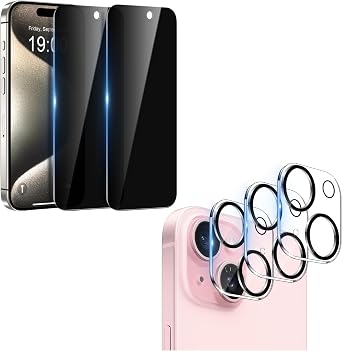 WHPXJY 2 Pack iPhone 15 Privacy Screen Protector and 3 Pack iPhone 15 Camera Lens Protector