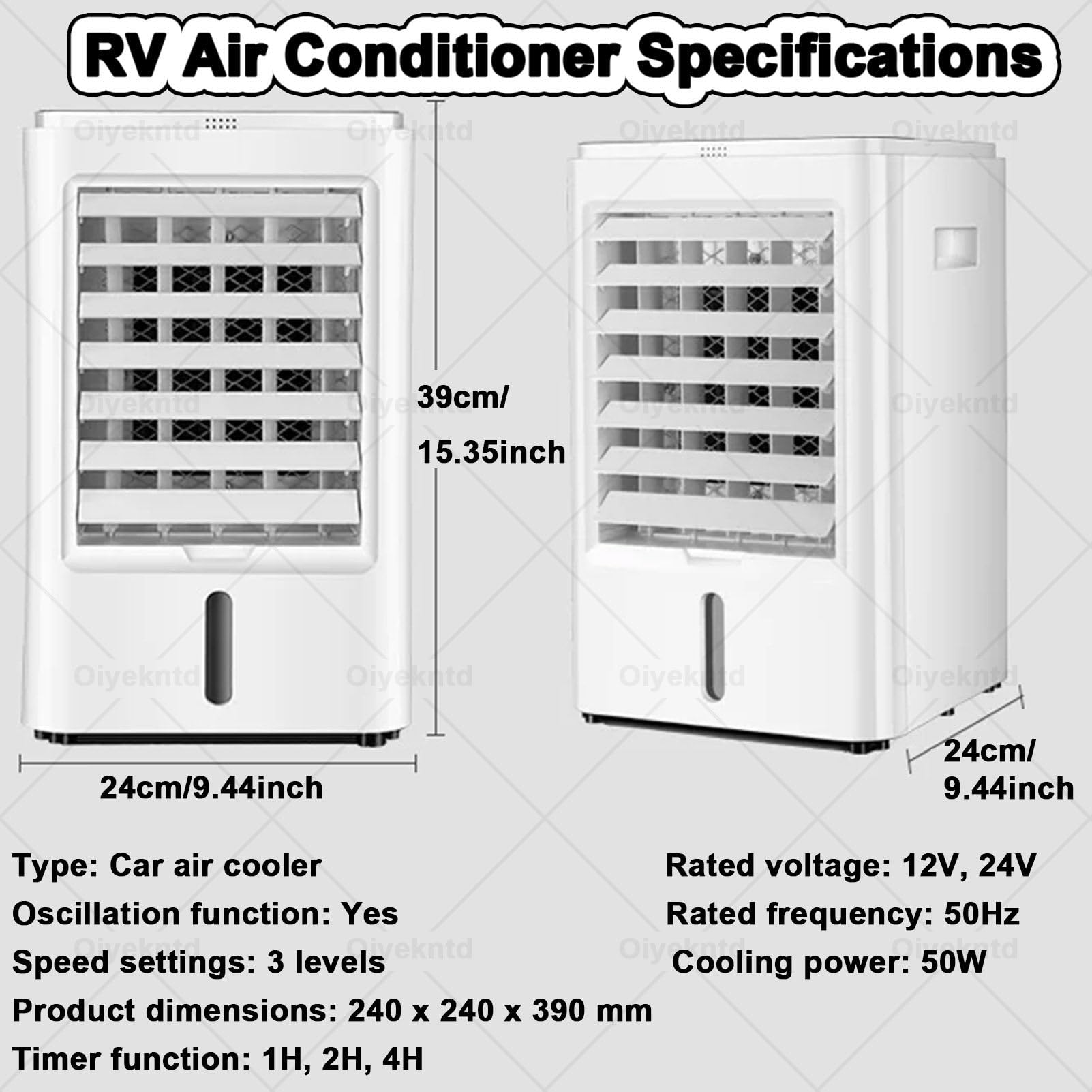 Condizionatore d'aria portatile per camper, 24 V, ventola di raffreddamento evaporativa con telecomando, 3 velocità e timer, per camper e camion