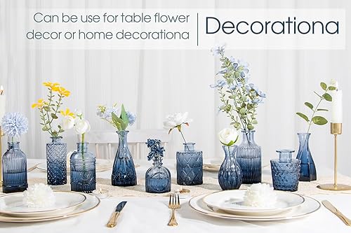 Miniatura 6 de TBWIND Juego de 12 jarrones de cristal, pequeños jarrones para flores, jarrón azul para centros de mesa a granel, mini jarrón vintage para