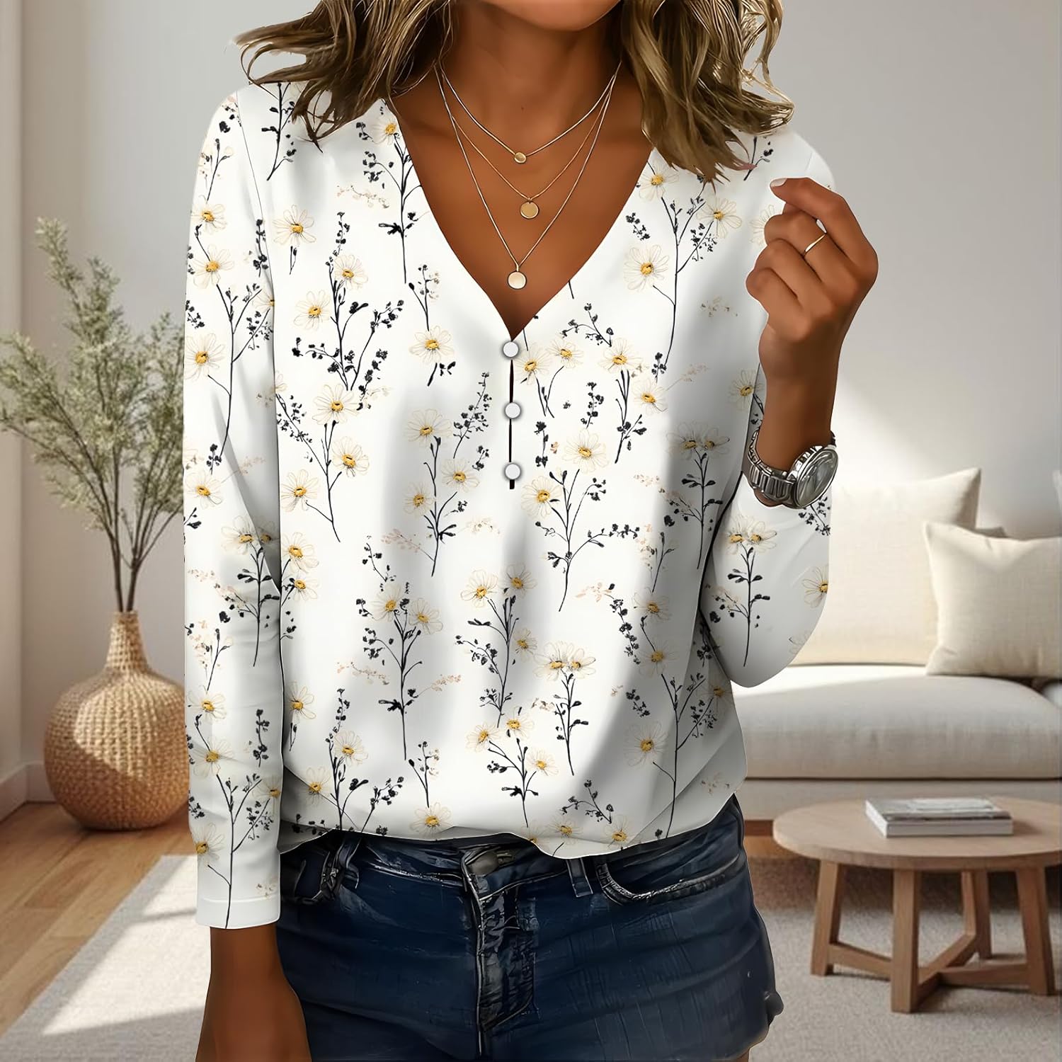 LOAIHA Women's V-Neck Printed Shirt Comfortable Breathable Casual Versatile Long-Sleeved Shirts