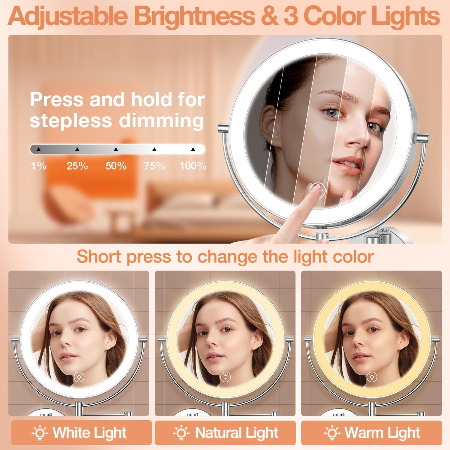 Benbilry 9" Large Wall Mounted Lighted Makeup Mirror, 1X/10X Magnifying 2-Sided AC Plug-in Powered Bathroom Mirror with 3 Color Lights, Touch Dimmable, Extended Arm 360° Rotation, 【Silver】