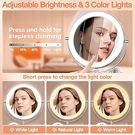 Benbilry 9 Large Wall Mounted Lighted Makeup Mirror, 1X/10X Magnifying 2-Sided AC Plug-in Powered Bathroom Mirror with 3 Color Lights, Touch Dimmable, Extended Arm 360 Rotation, Chrome