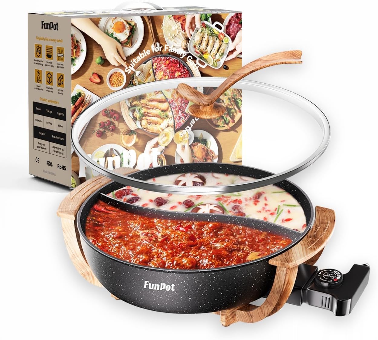 5-Temp Electric Hot Pot with Wood Grain Handles, 6L Family Size, 1100W Rapid Heating, PTFE Non-Stick Coating & Dry-Burn Protection, Dual Divider for Hot & Mild Broths