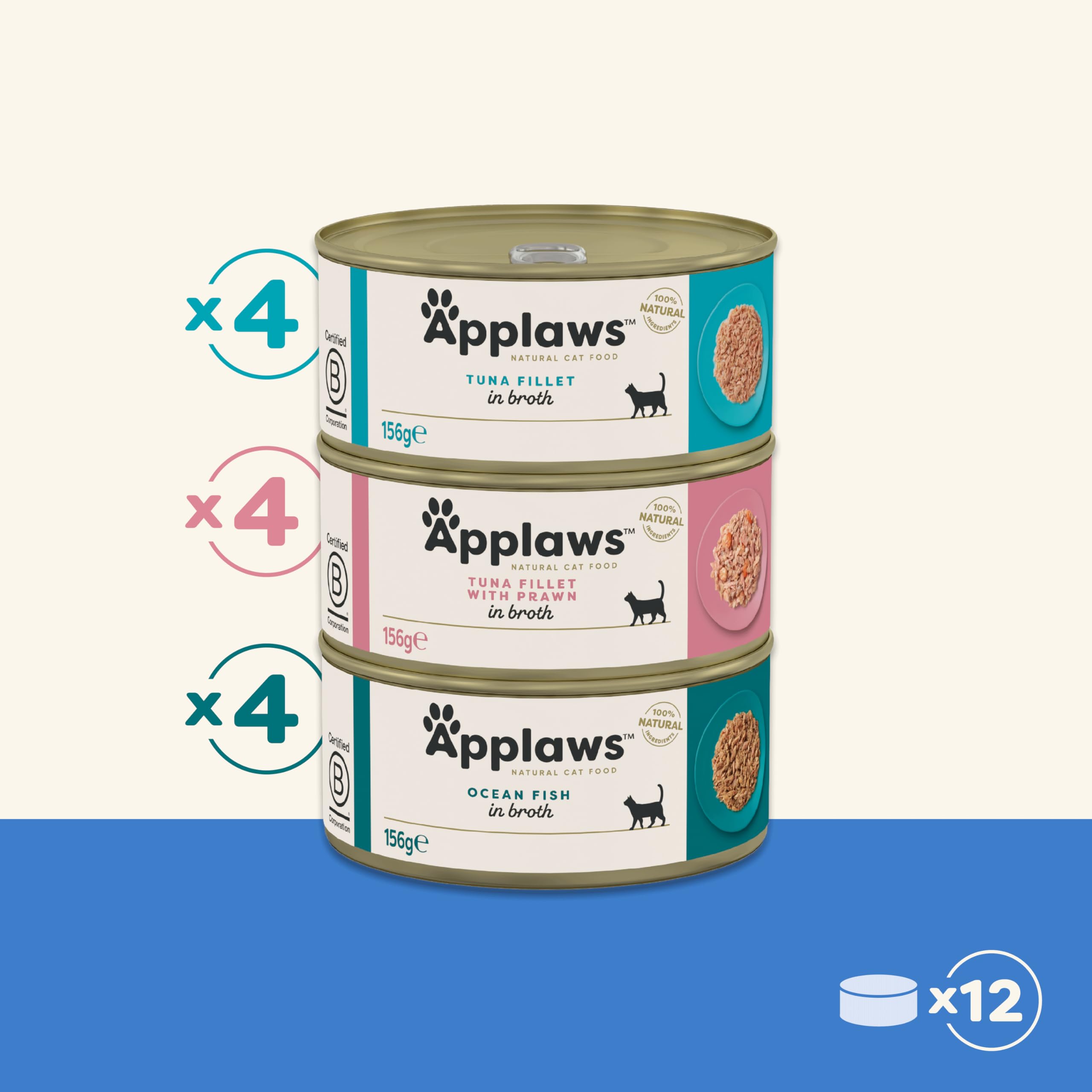 Applaws 100% alimentation humide naturelle pour chat, sélection de poissons en bouillon - 12 boîtes de 156g
