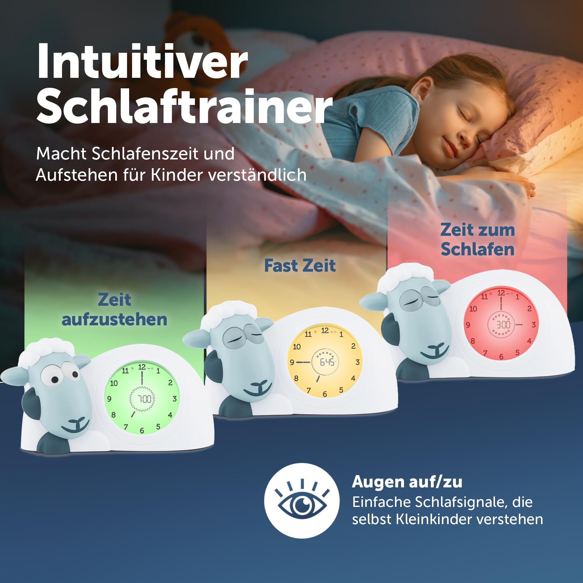 ZAZU Sam The Lamb Uhr – Schlafcoach Uhr und Nachtlicht für Kinder | Bringt Ihrem Kind mit visuellen Indikatoren bei, wann es aufwachen soll | Einstellbare Helligkeit | Automatische Abschaltung (Blau)