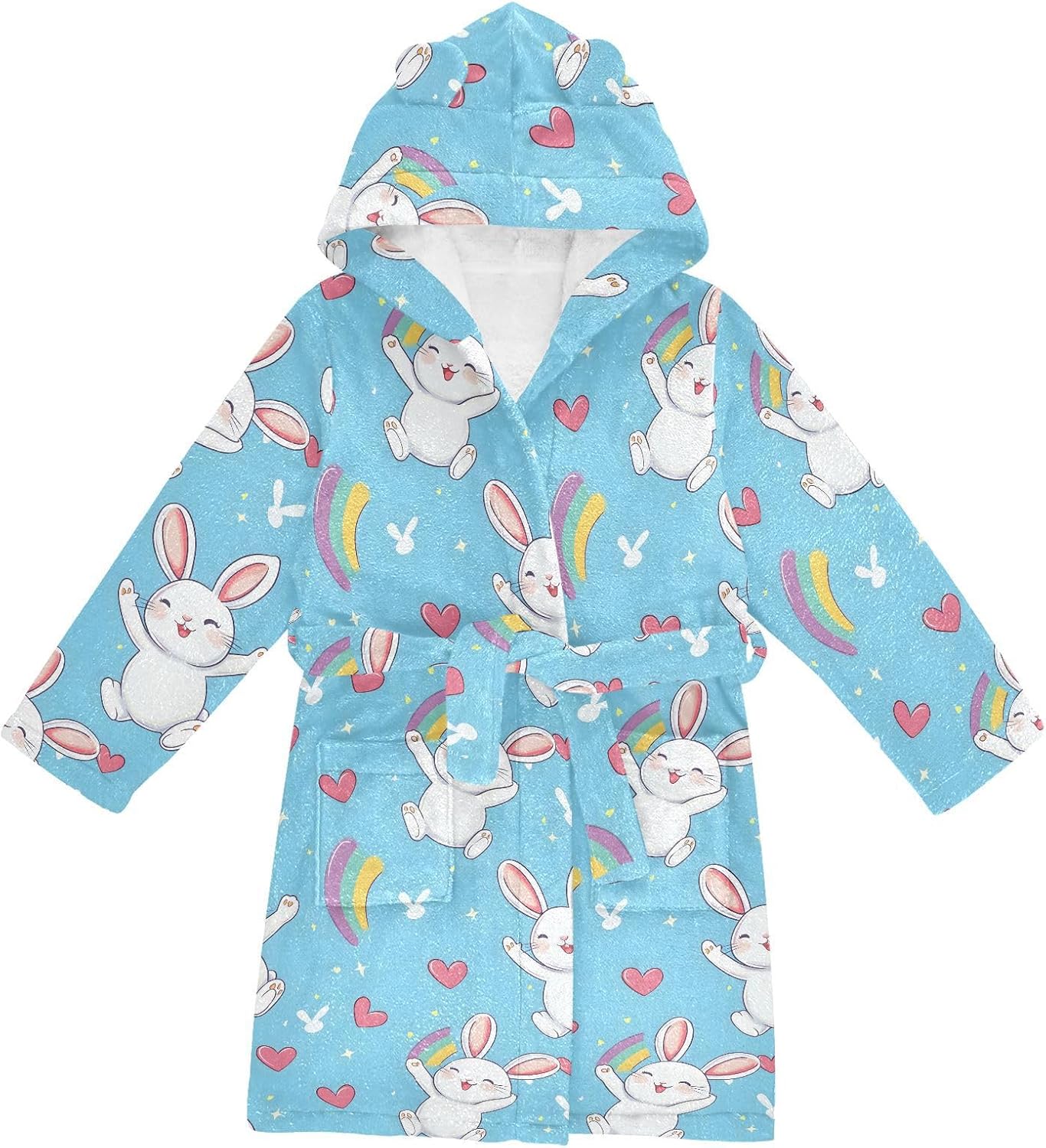 senya Rabbit Rainbow Happy Toddler Hooded Bathrobe Kids Soft Plush Bath Towel Robes for Boys Girls 2-12 Years