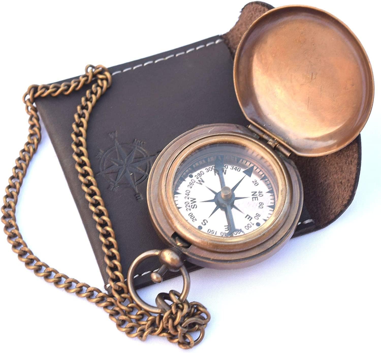 Brass Push Button Compass with Black Leather Case, Direction Finder Navigational Collectible Pocket Compass Unique Gift for Camping and Hiking Travelling-picture-12