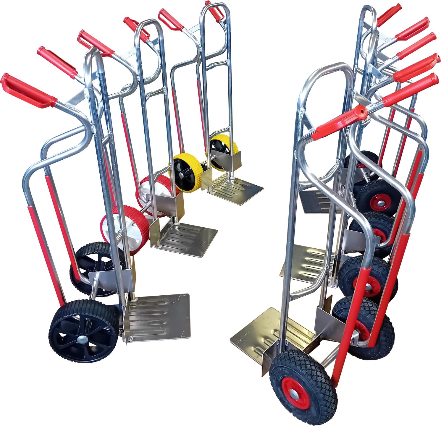 RLW Diable professionnel en aluminium Alu200 200 kg – Pelle 280 x 280 mm – Fabriqué en UE – Pas d'importation d'Asie !! (roue pneumatique noire / 4 PR/jante en métal gris argenté/roulement à roulettes