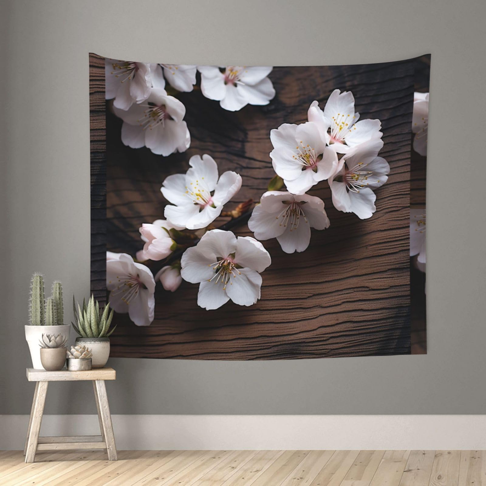 QMKFWT Living Room 60x51 InchWooden Cherry Blossoms Tapestry Backdrop Wall Hanging Flag Indoor Outdoor Wall Art Tapestries Wall Decor Blanket Beach Throws Funny Banner Poster for Dorm, Bedroom
