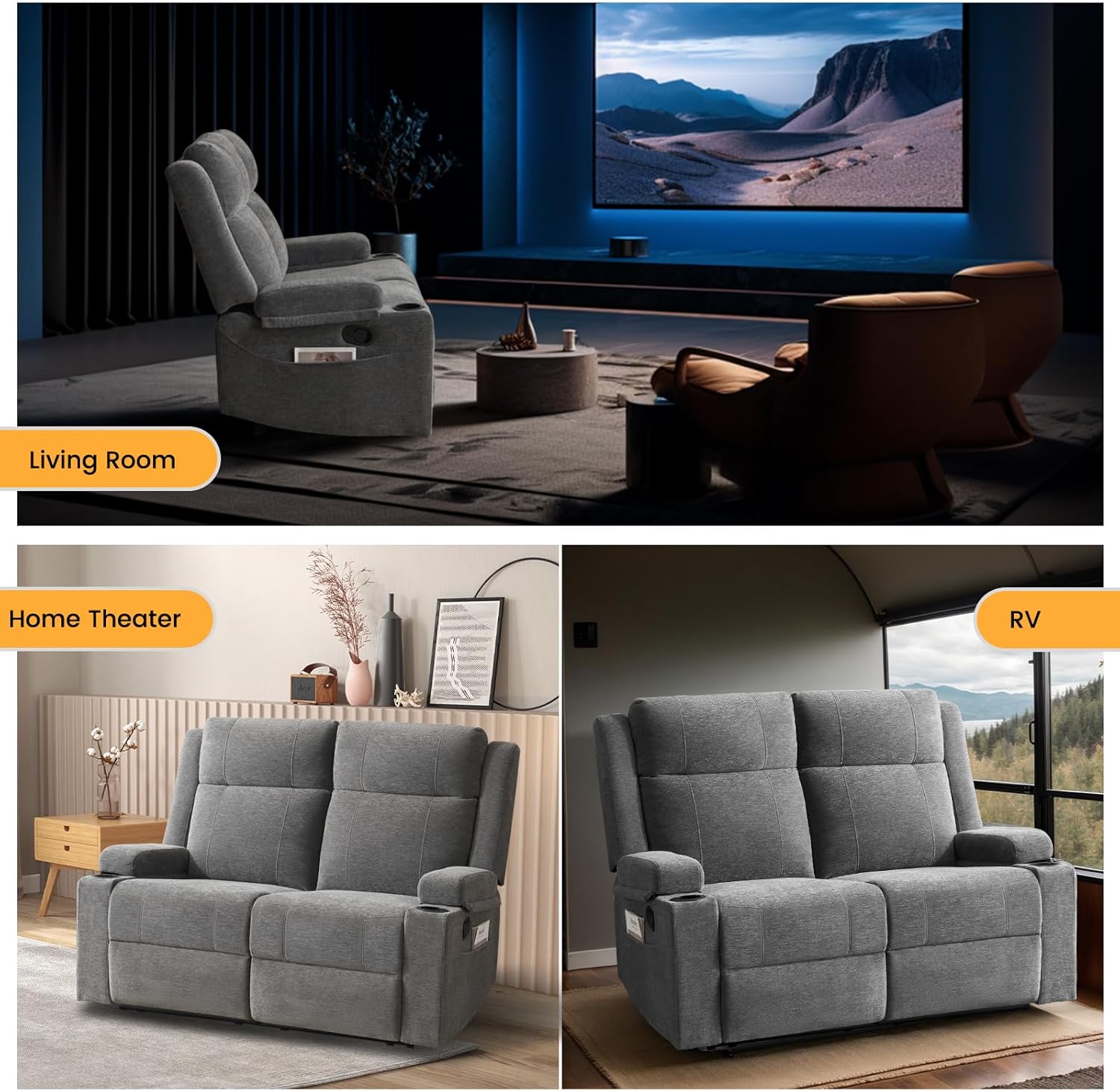 Loveseat Recliner Sofa, Double Recliner with Adjustable Footrest, Wall Hugger Loveseat for Living Room & Home Theater & RV (Gray)