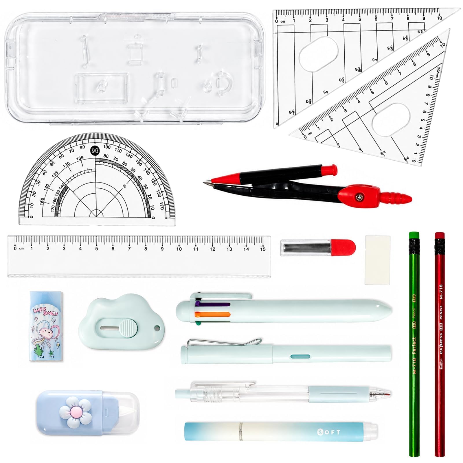 Stationery Set 14pcs, Maths Set for Secondary School with Compass