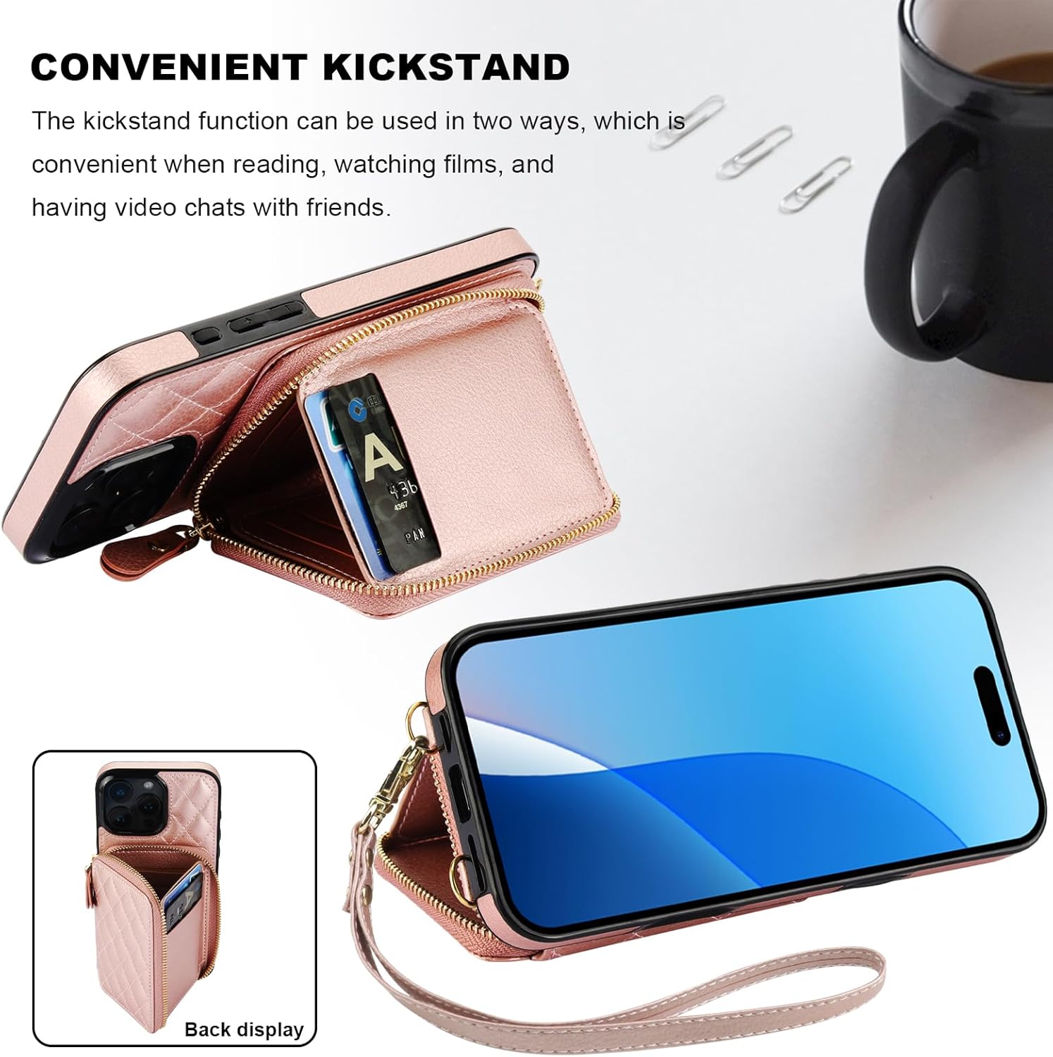 Bocasal Crossbody Wallet Case for iPhone 16 Pro Max, RFID Blocking PU Leather Zipper Handbag Purse Flip Cover, Kickstand Folio Case with Card Slots Holder Wrist Strap Lanyard 5G 6.9 Inch (Rose Gold)