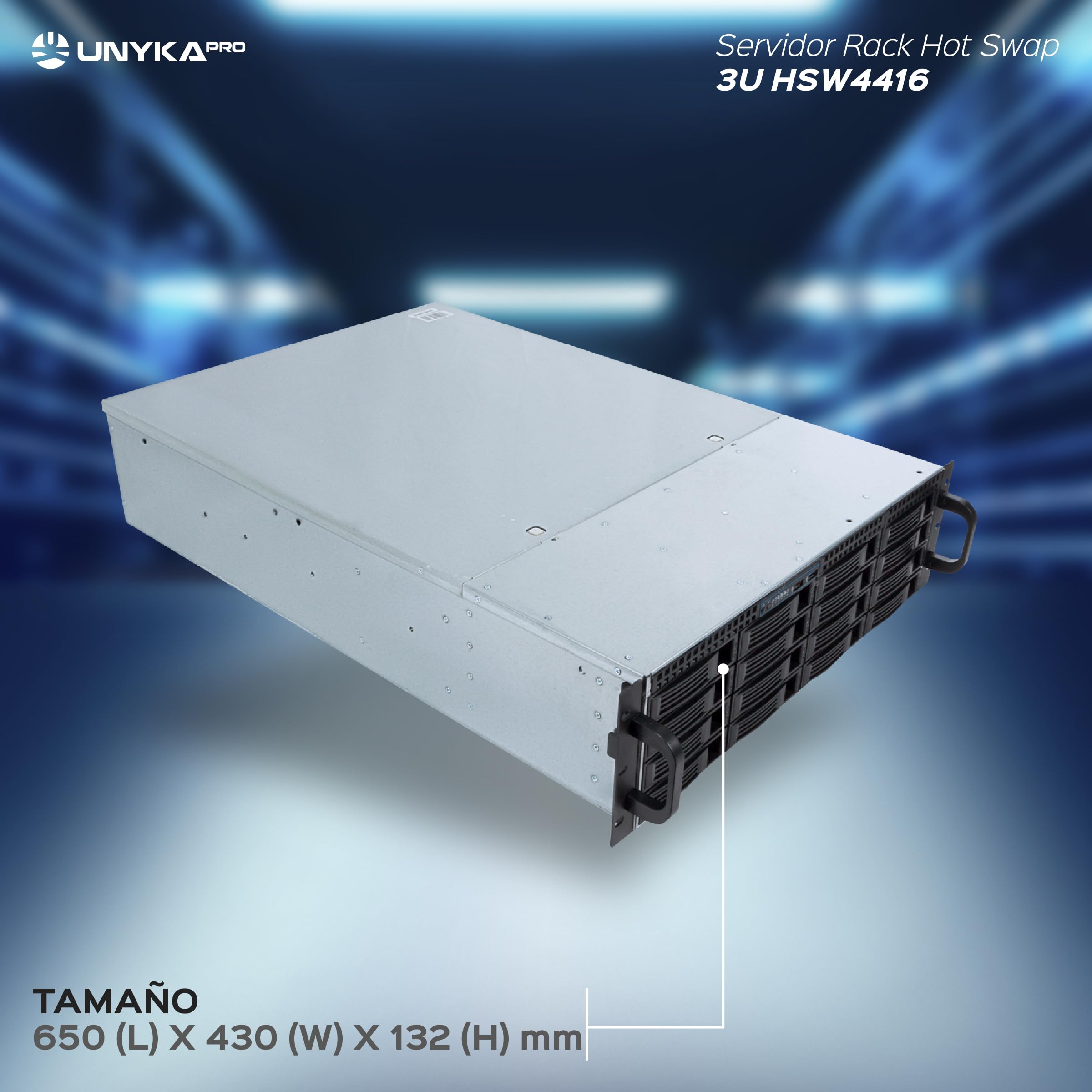UNYKAch Chasis Rack Hot Swap ATX 3U HSW4416 | Sustitución de Bahías en Caliente, 16 Bahías para Discos de 3,5″ o 2,5″, 4 Ventiladores de 80 mm, 2 de 60 mm