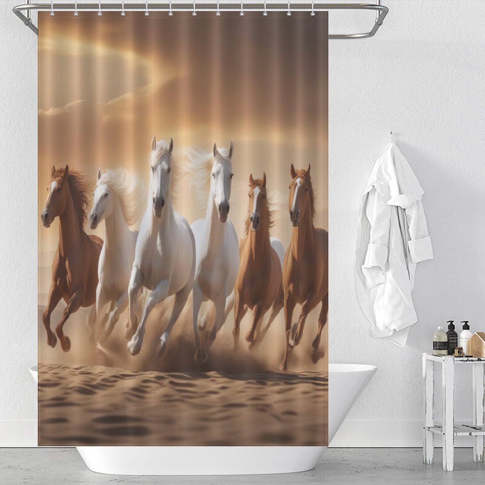 Rideau de douche cheval imperméable pour créer une ambiance nature dans la salle de bain
