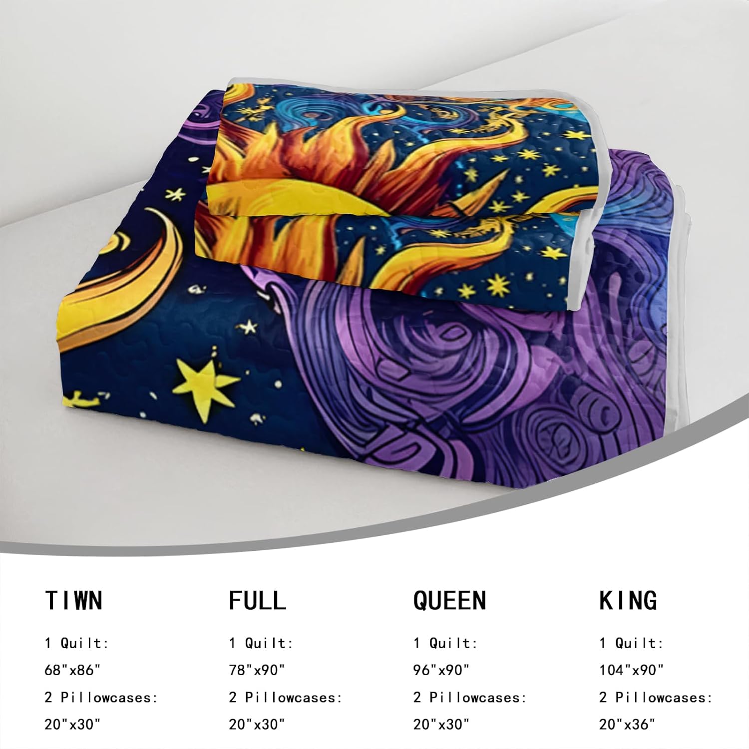 AILONEN Sun and Moon Quilted Bedding Set King Size,3-Piece Blue Yellow Celestial Bohemian Print Bedspread Coverlet with 2 Pillowcases,Soft Microfiber Bed Cover All Season