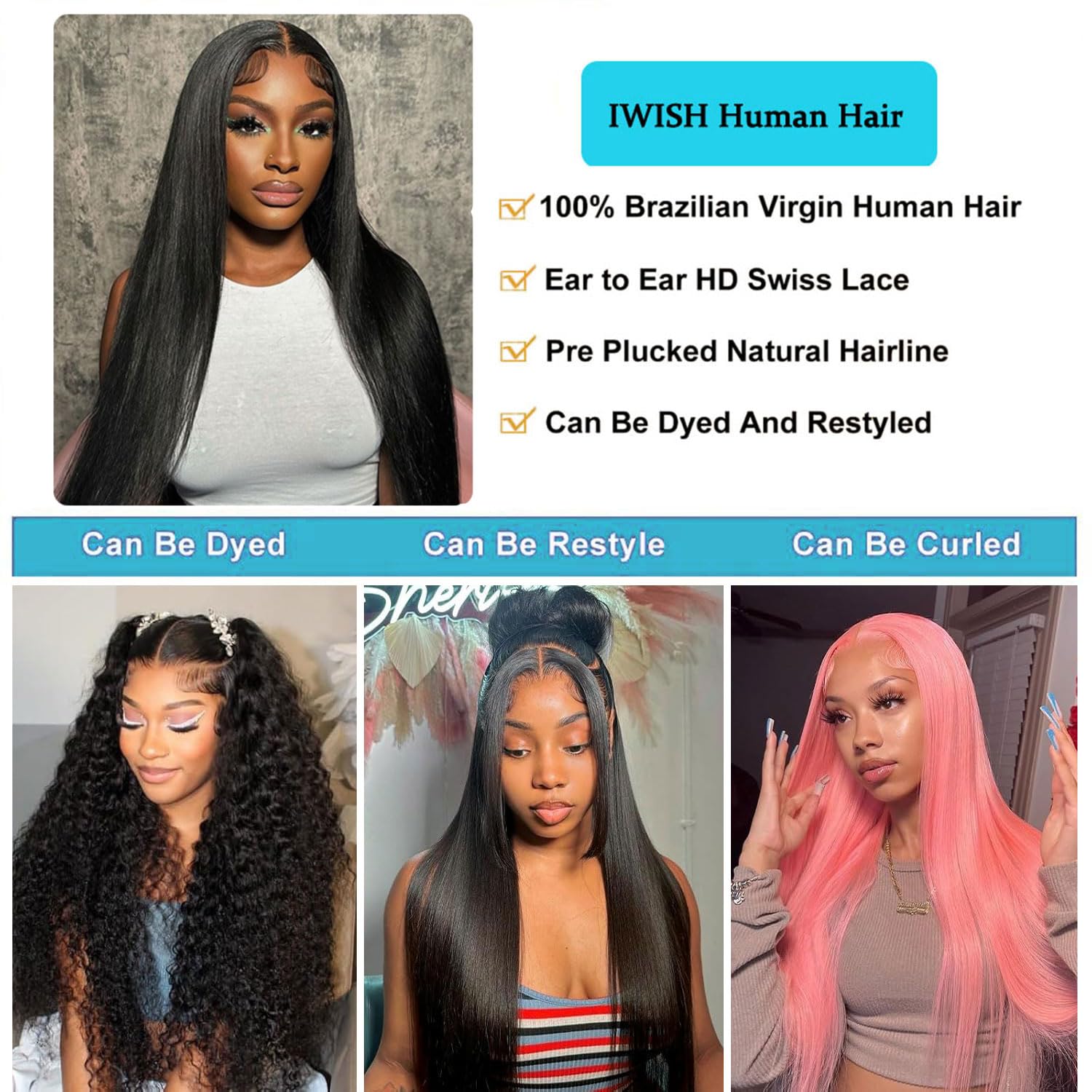 IWISH Human Hair Wig 5x5 Closure Natural Black Straight Wigs 5x5 HD Lace Glueless Wigs Human Hair for Women Pre Plucked Pre Cut 180 Density 26 Inch