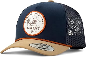 ARIAT Mens Navy Trucker Cap with Desert Scene Patch | Trucker cap, mesh-back ventilation, adjustable fit, suited for casual wear and outdoor use