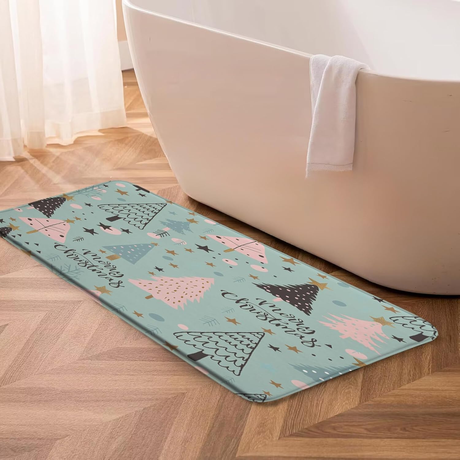 GCTNBJL Christmas Tree Bath Mat Pink Blue Gray Rustic Xmas Tree Stars Farmhouse Winter Holiday Merry Christmas Blue Bathroom Floor Decor Rug for Shower Buthtub,24x48 Inch