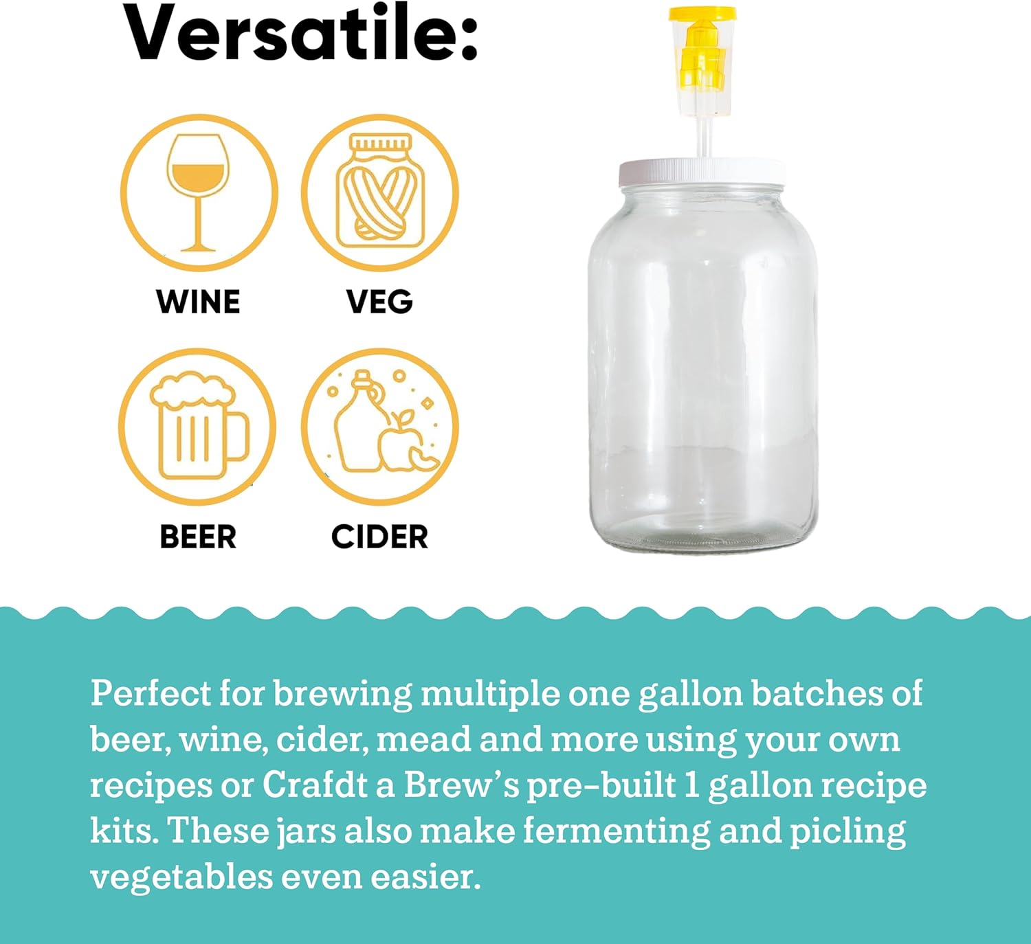 Craft A Brew - For Home Brewing Beer, Wine, Cider, and More - Includes Two 1 Gallon Glass Fermenter Jars, Lids, and Airlocks - Fermentation Jar 2-pack