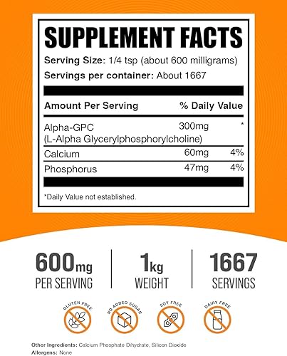 Miniatura 9 de BulkSupplements. com Alpha GPC Powder - Suplementos de colina, Alpha GPC 300mg - Suplementos de acetilcolina, sin sabor y sin gluten, 600 mg por