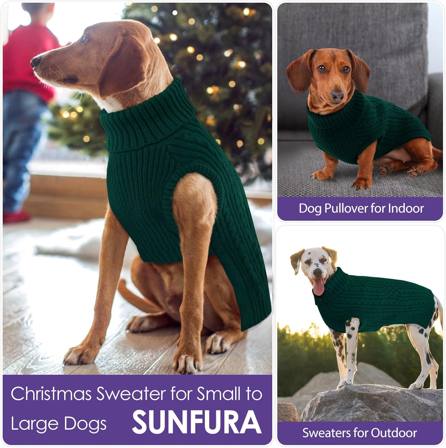 Small Dog Sweater, Christmas Dog Sweaters Fall Winter, Warm Sweaters with Harness Hole, Turtleneck Pullover for Dogs Girls Boys, Puppy Sweatshirt Knitwear Clothes for Dachshund, Green S