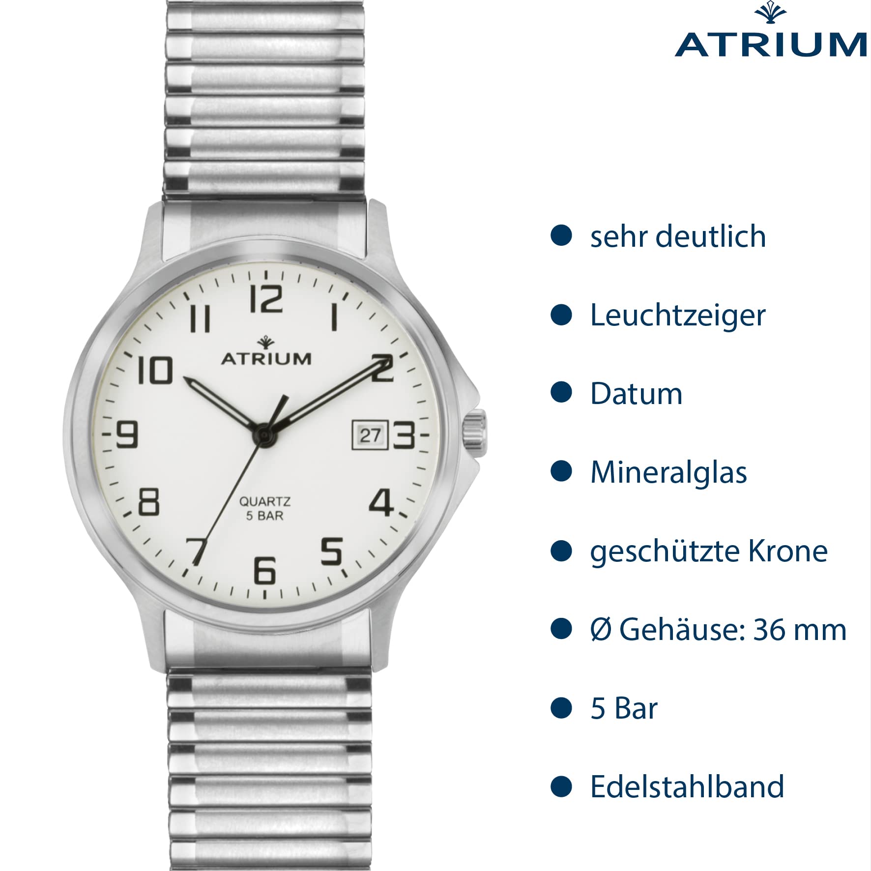 Atrium Herren Armbanduhr Edelstahl Analog Quarz mit Datum Anzeige und Edelstahl Zugband Flexband Silberfarben A12-50