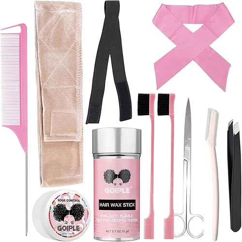 Goiple 11 PCS Wig Kit for Lace Front Wigs for Beginners, Hair Wax Stick Lace Melting Elastic Band for Wigs, Edge Laying Scarf, Eyebrow Razor, Tweezer, Edge Brush, Wig Band, Mini Scissor, Comb (Beige)