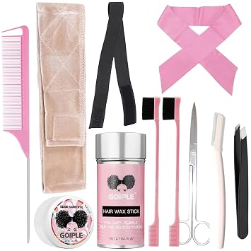 Goiple 11 PCS Wig Kit for Lace Front Wigs for Beginners, Hair Wax Stick Lace Melting Elastic Band for Wigs, Edge Laying Scarf, Eyebrow Razor, Tweezer, Edge Brush, Wig Band, Mini Scissor, Comb Beige