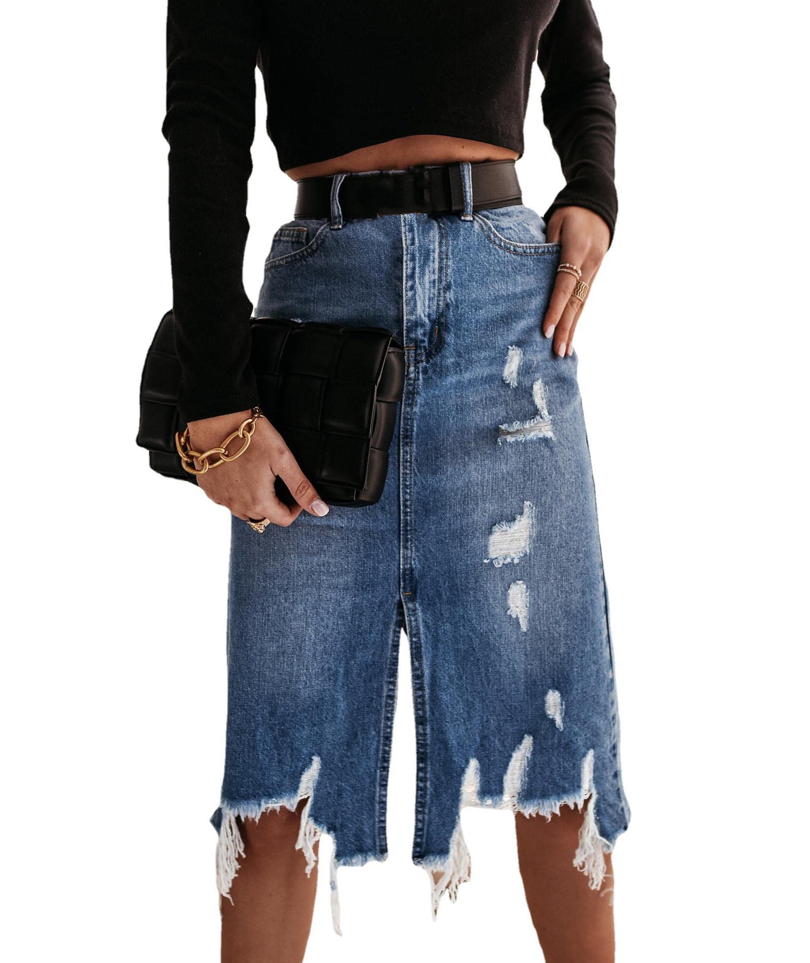 SOMTHRON Womens Ripped Distressed Denim Skirt Frayed Raw Hem Knee Length Split Front Bodycon Jean Skirts