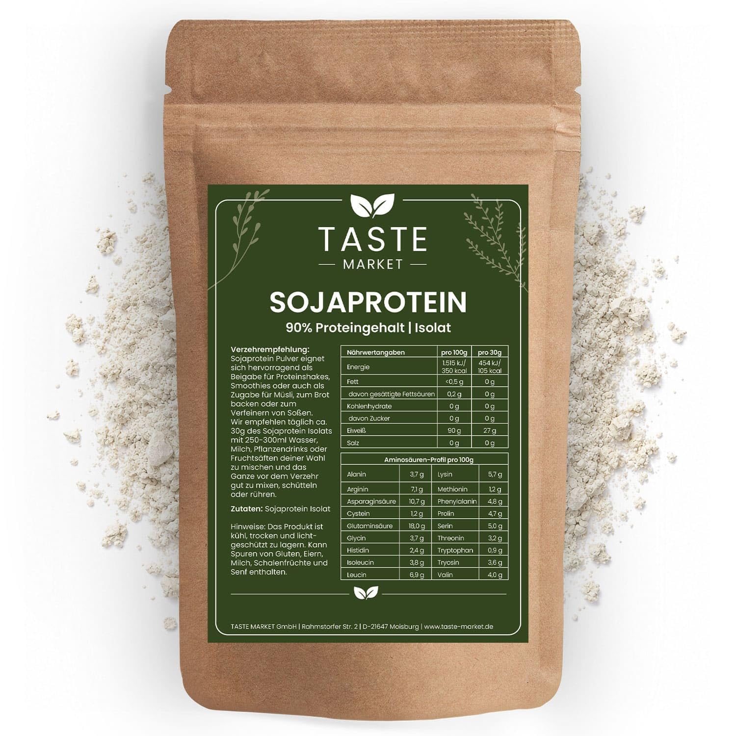 20 kg Sojaprotein Isolat | Soja Protein Pulver | 90% Proteingehalt | Vegan | Eiweißpulver | Taste Market