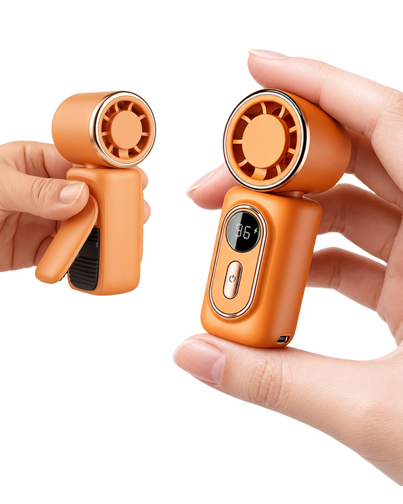 Photo 1 of Mini Clip on Fan Handheld, 3000mAh Rechargeable Portable Fan with LED Display, 3-in-1 Personal Cooling Fan, 3 Speeds Quiet USB C Fan for Stroller Desk Travel Camping Office for Women Men Kids, Orange