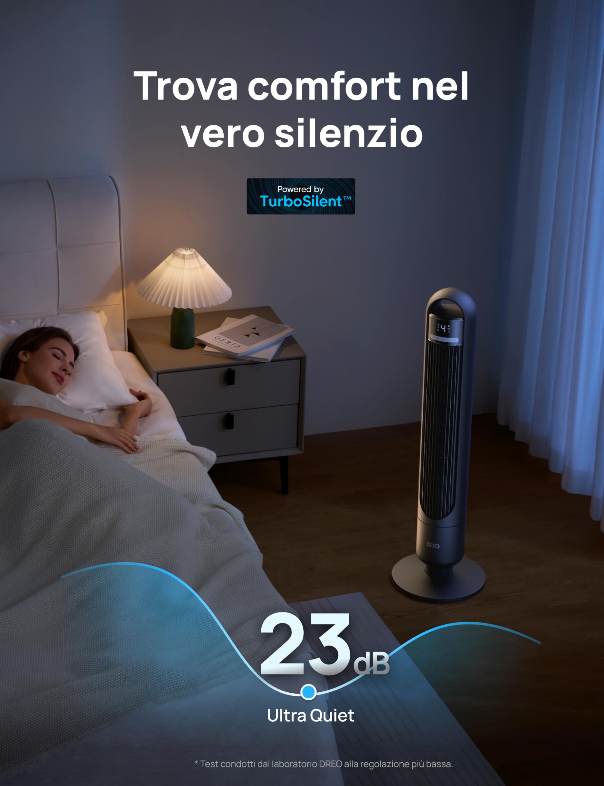 DREO Ventilatore a torre silenzioso da 23 dB, distanza di lancio, 9.8 m, ventilatore con 4 livelli di velocità, 3 modalità, timer da 8 ore, oscillante a 90°, ventilatore a colonna per camera da letto