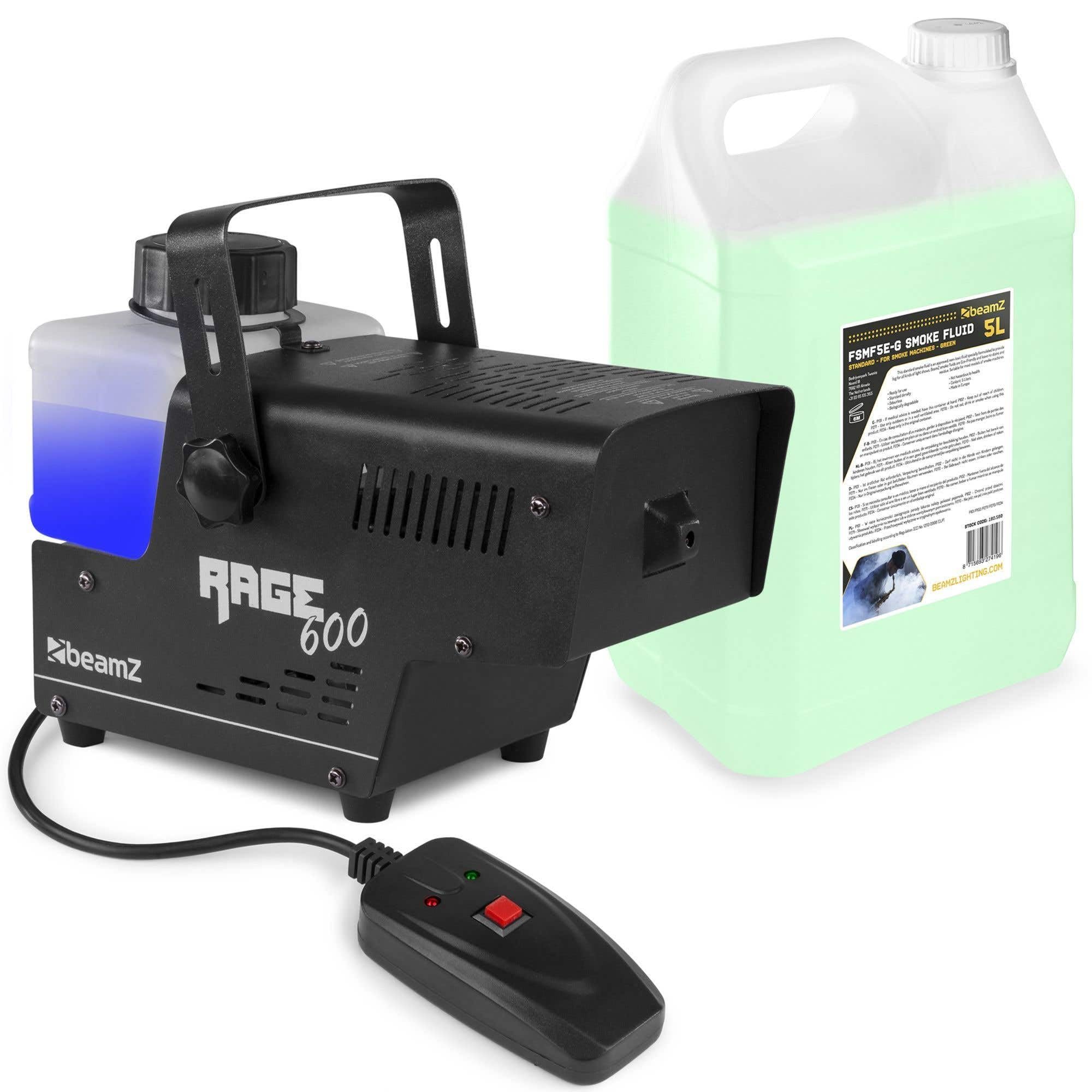 BeamZ RAGE600I Máquina de Humo con 5 Litros de Líquido de Humo, 600 Watt, Fogger, Máquina de Humo, Máquina de Niebla, Mando a Distancia con cable, Tanque de 0.5 Litros, Disco Fiesta DJs Eventos