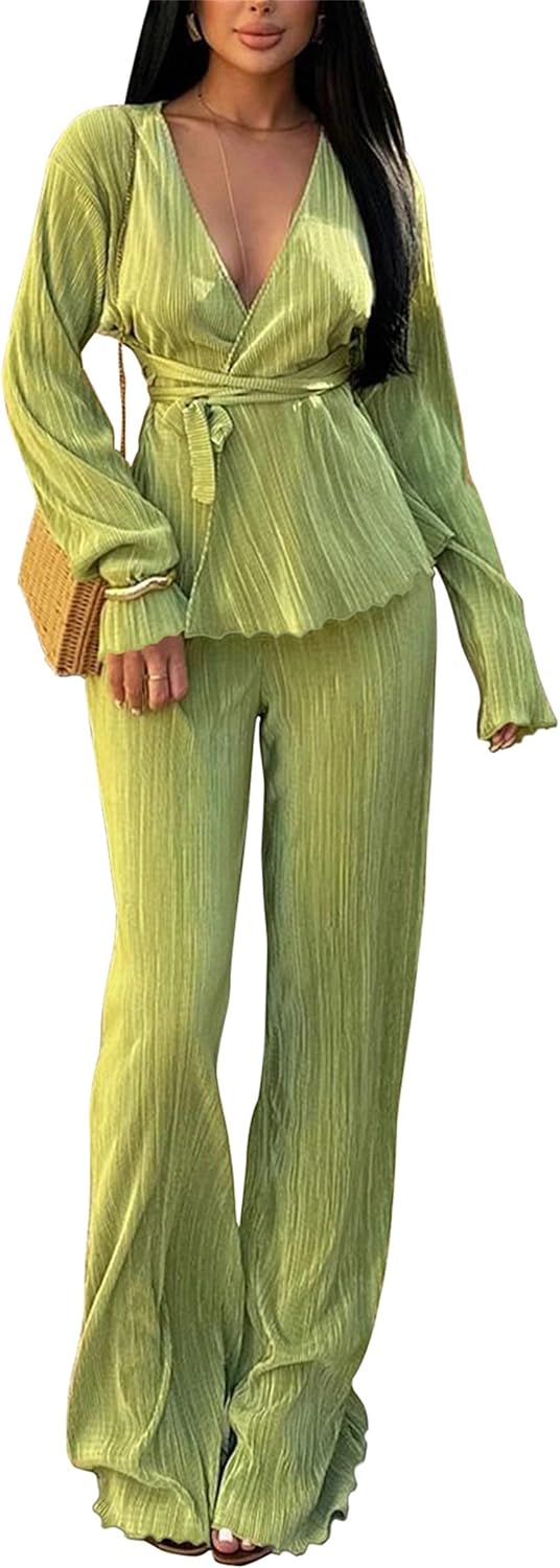 CALEBGAR Women’s Fall 2 Piece Pleated Sets Long Sleeve Open Front Shirt with Belt Flare Wide Leg Linen Pants Sets Streetwear