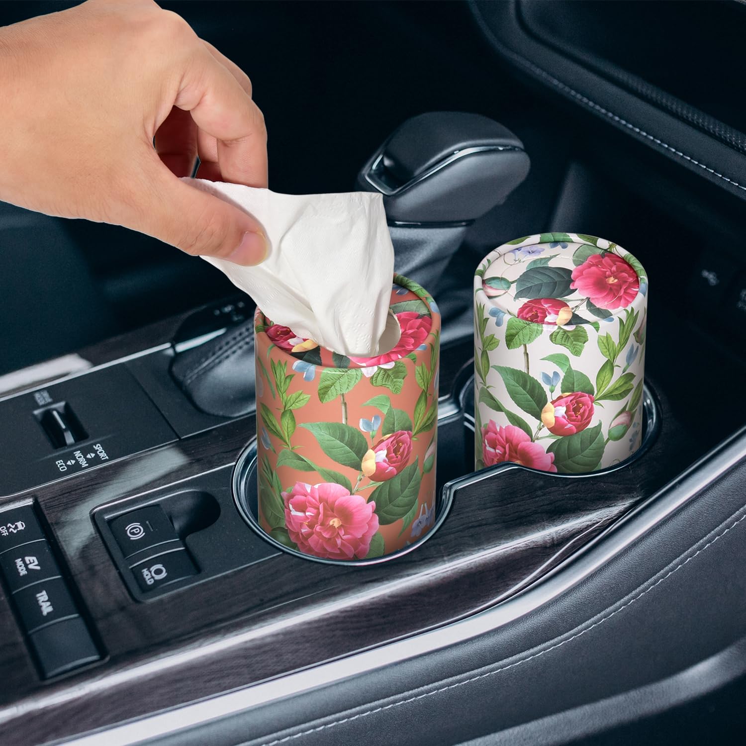 Botanical - Elegante contenitore per fazzoletti da viaggio con motivo floreale, con fazzoletti per il viso, per portabicchieri dell'auto