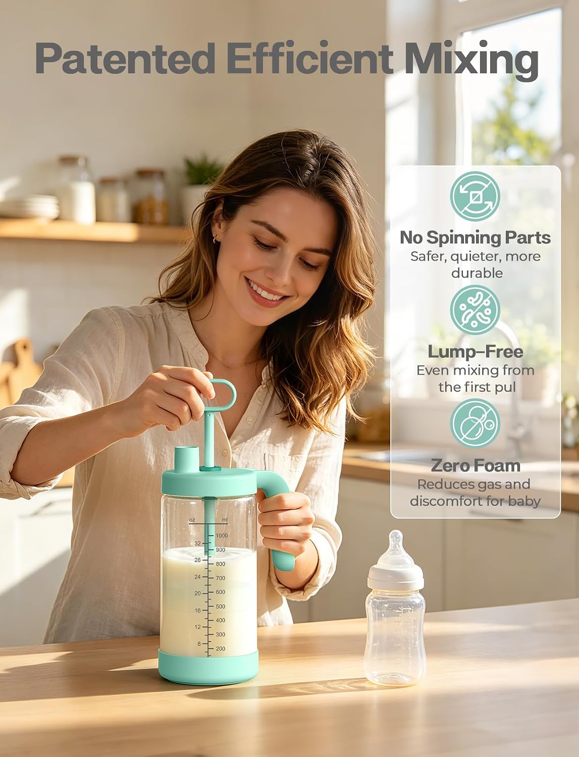 Xaproo Breast Milk Pitcher, 32oz Glass Formula Mixer with Easy-Blend Handle Lid, Leakproof Breastmilk Storage Container, Baby Feeding Pitcher, Breast Feeding Essentials, BPA-Free